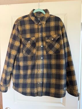 Volcom Navy and Mustard Plaid Sherpa Jacket
